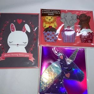 Set of 3 Papyrus Valentine’s Day Cards finger puppets bunny Unicorn